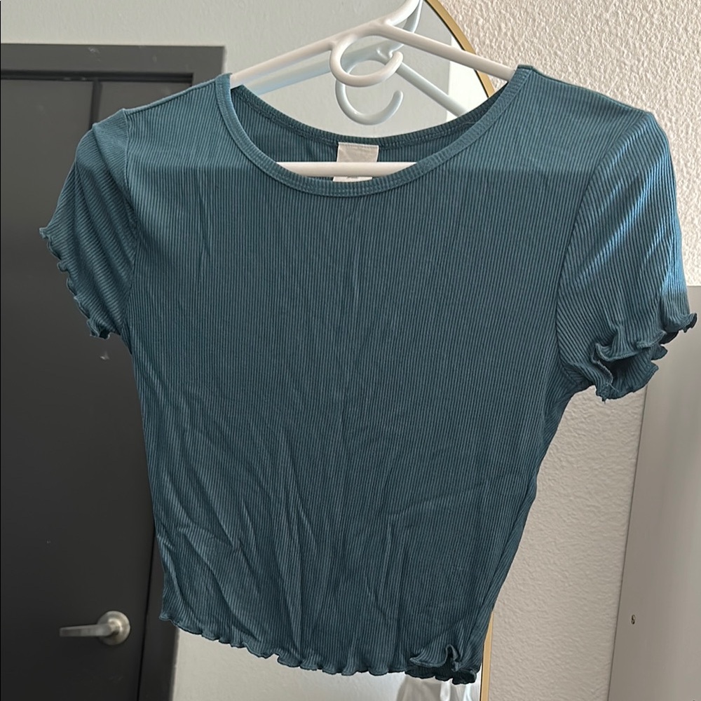 Teal Ribbed Women's Ruffle Top